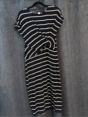 GAP Navy and White Striped Midi Dress with Front Twist
